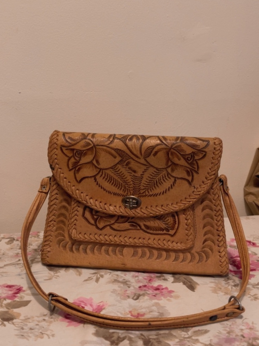 Handcrafted Tooled Leather Crossbody Bag - Tan